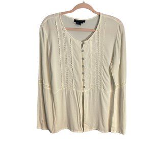 Boston Proper Women Ivory Lace Front Long Bell Sleeve Swing Blouse Size Meduim